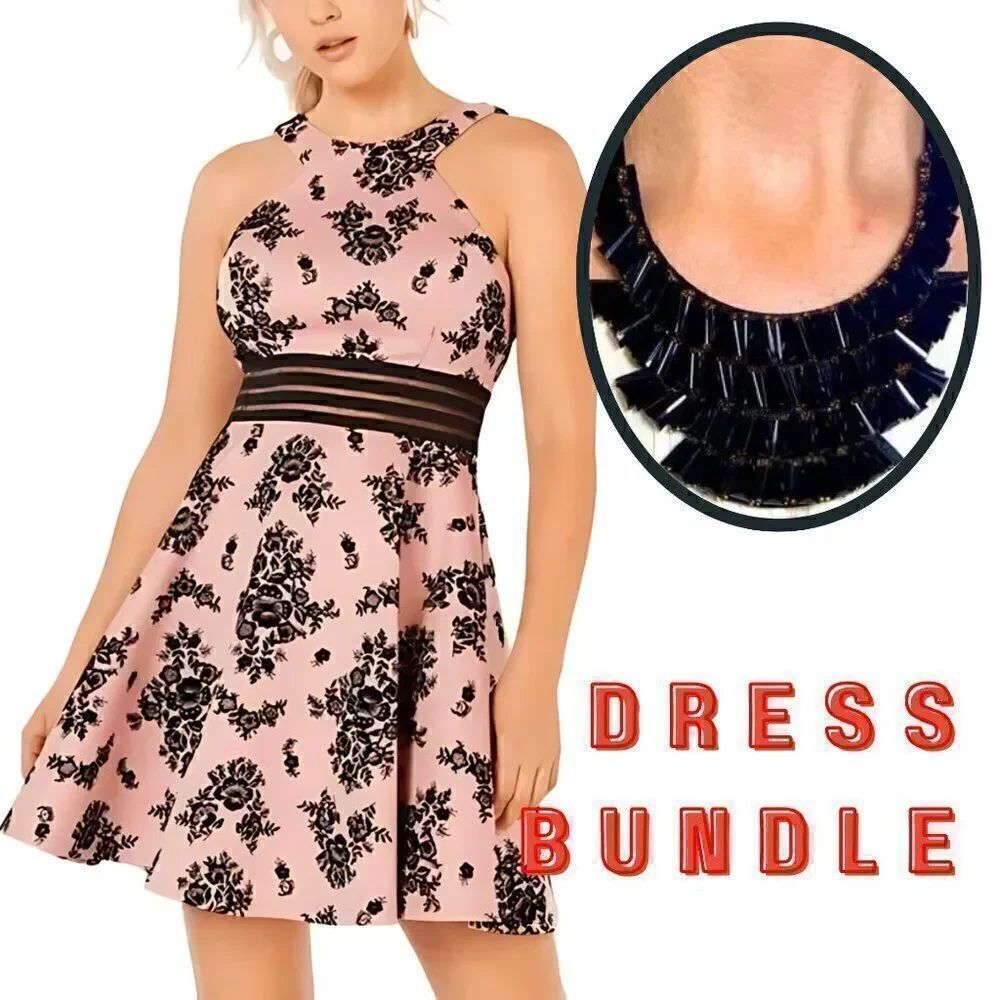 NWT Black Floral Velvet Printed Illusion Cocktail Pink Dress + Necklace Bundle